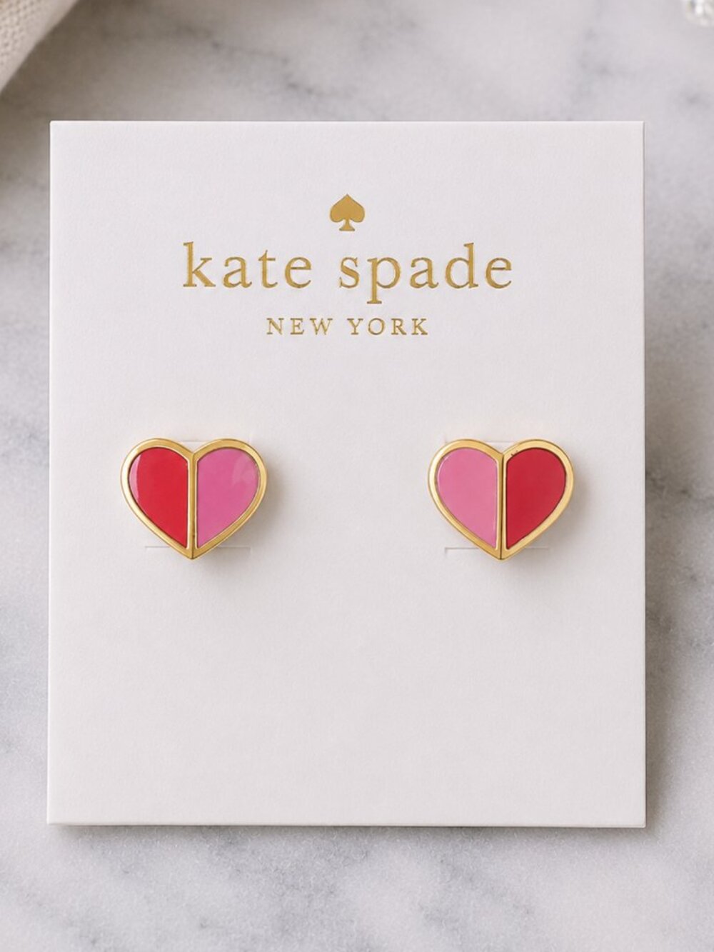 Kate Spade Pink Heart Stud Earrings Gold Tone Enamel Two Tone Love Jewelry